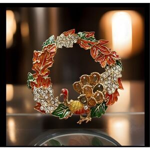 Anne Klein Rhinestone Turkey Thanksgiving Fall Wreath Pin Brooch NWT